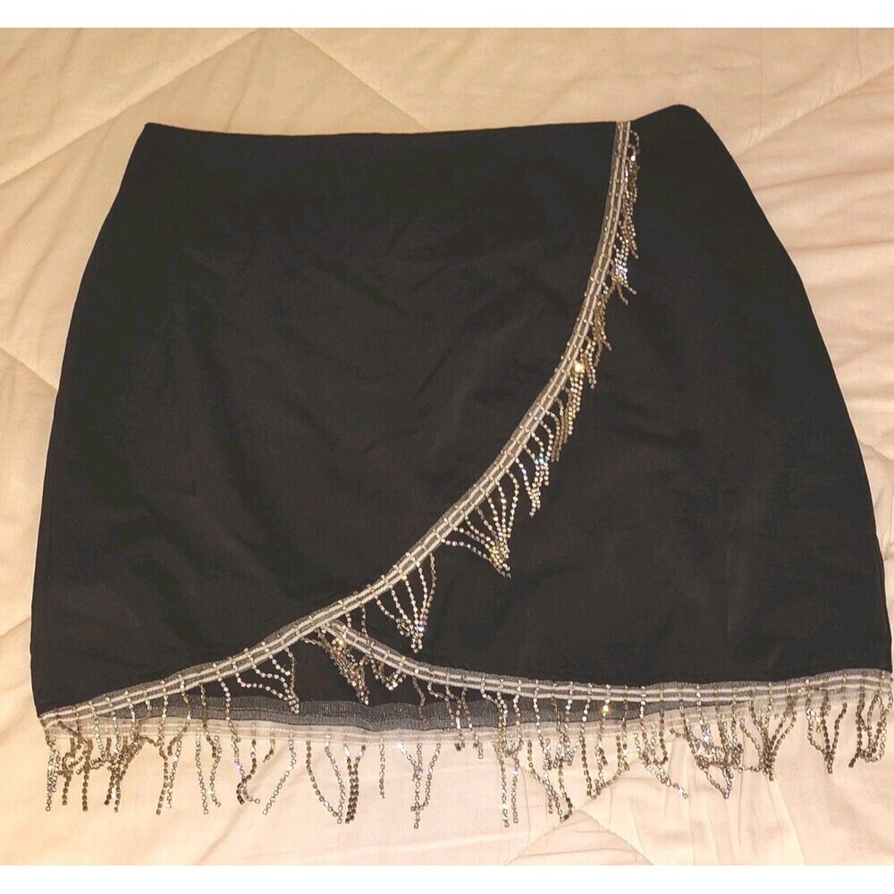 Lulus Black Rhinestone Fringe Wrap Mini Skirt Size S Sparkly Party Clubwear EUC